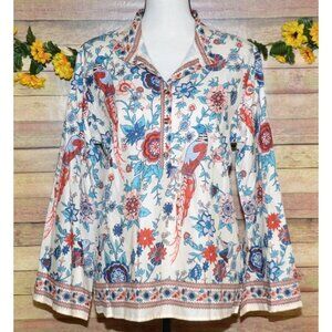 NWT Women M Tunic Blouse Shirt Colorful Peacock Print Loose Button Up Collarless